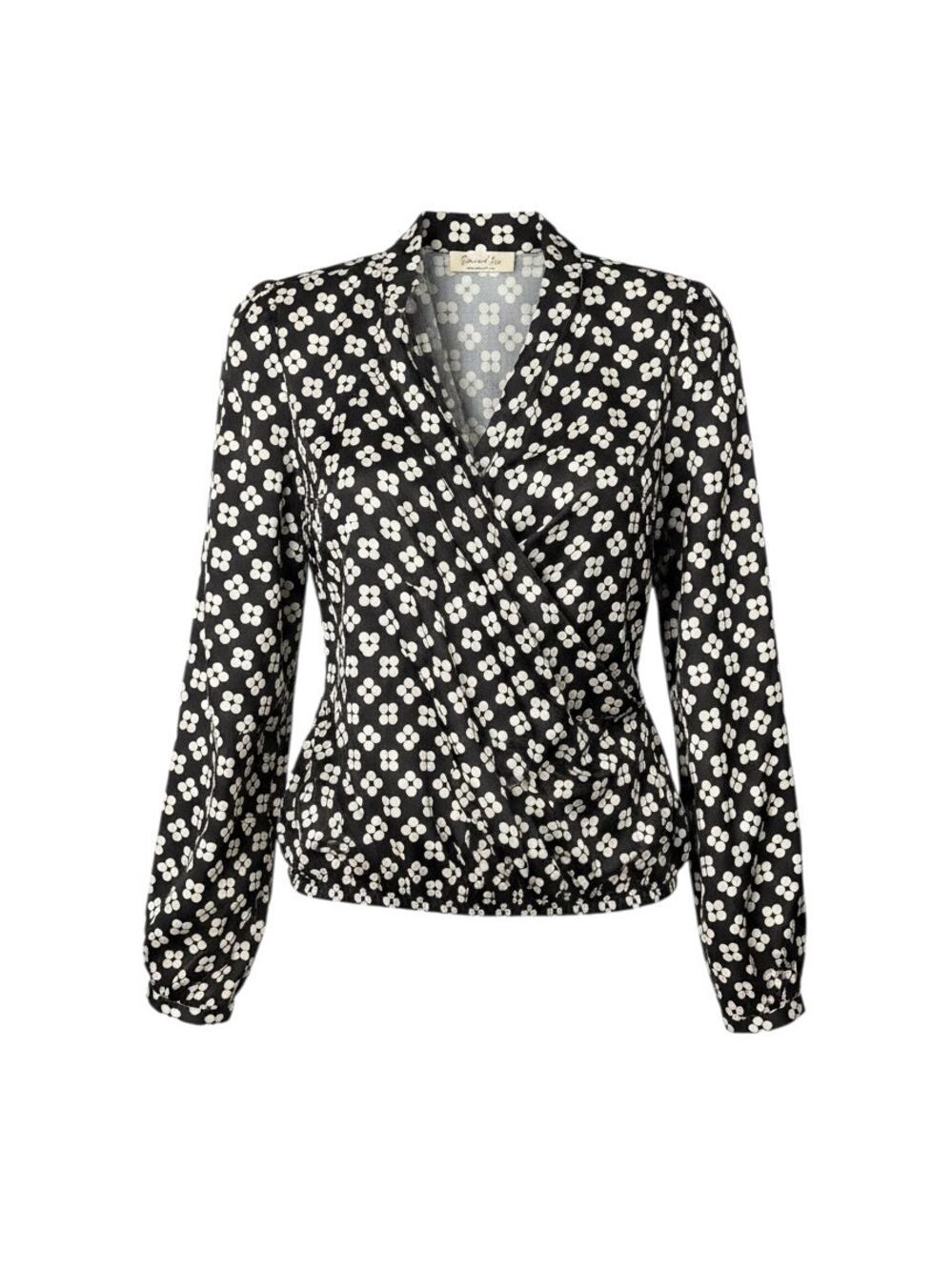 NWOT S Doe & Rae Black White Retro Geo Clover Print Satin Faux Wrap Blouse
